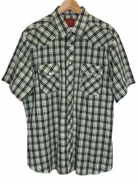 Rustler Mens Green Plaid X-Long Tails Pearl Snap Short Slv Shirt Yoke XL Western